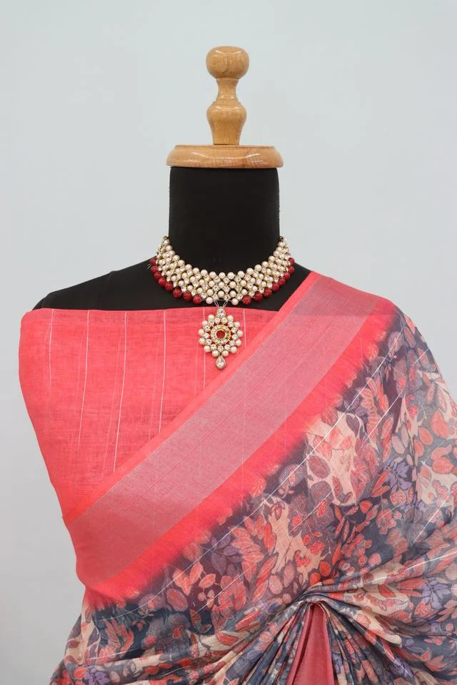 Linen Digital Print Orange Saree With Unstiched Blouse Piece