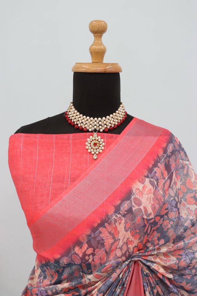 Linen Digital Print Orange Saree With Unstiched Blouse Piece