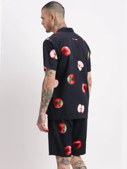 Men Graphic Cuban Collar Navy Blue Co-Ords Set-Felix-2409-Navyblue