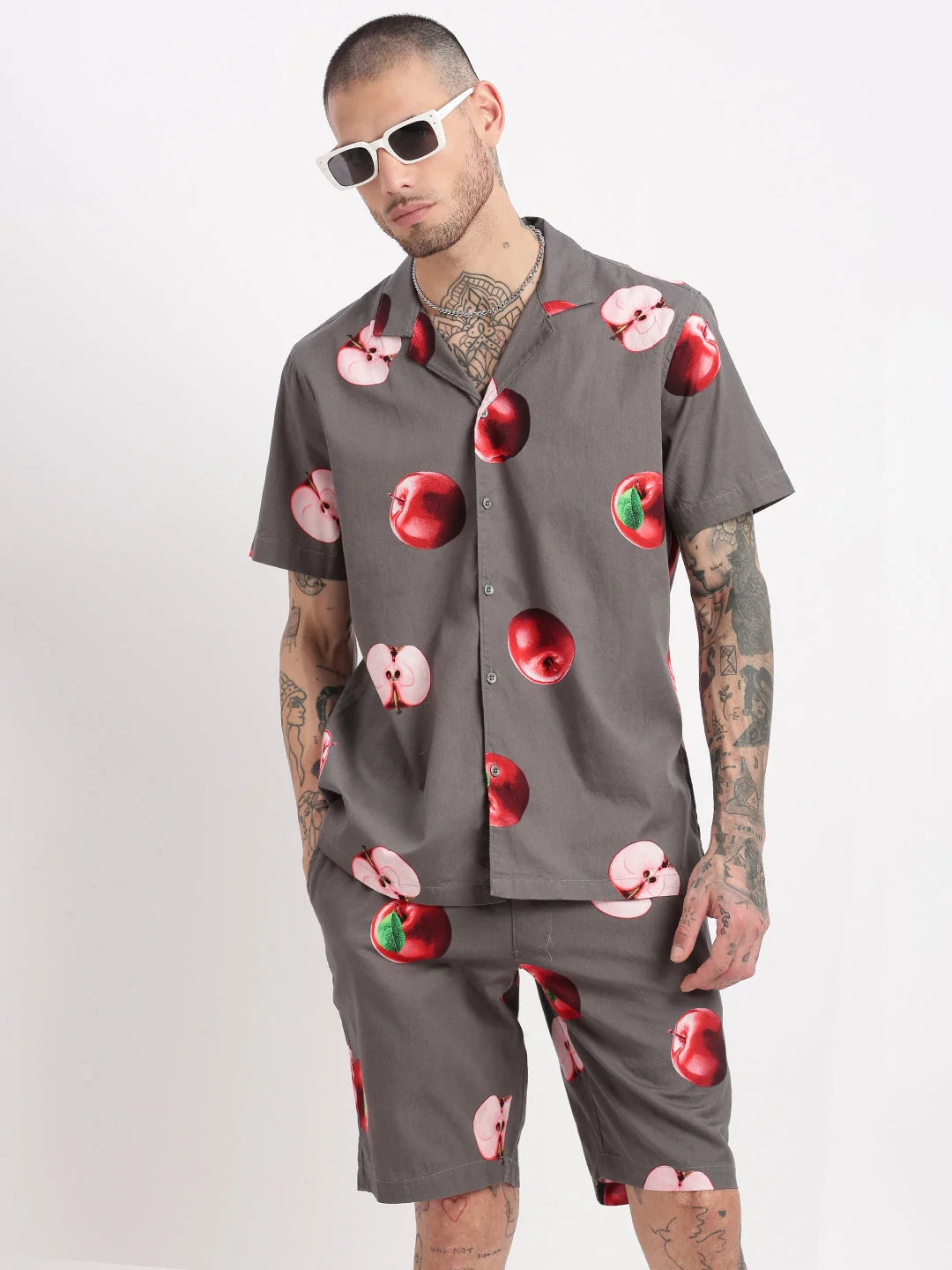Men's Graphic Grey Co-ord Set | Cuban Collar Two Piece Sets