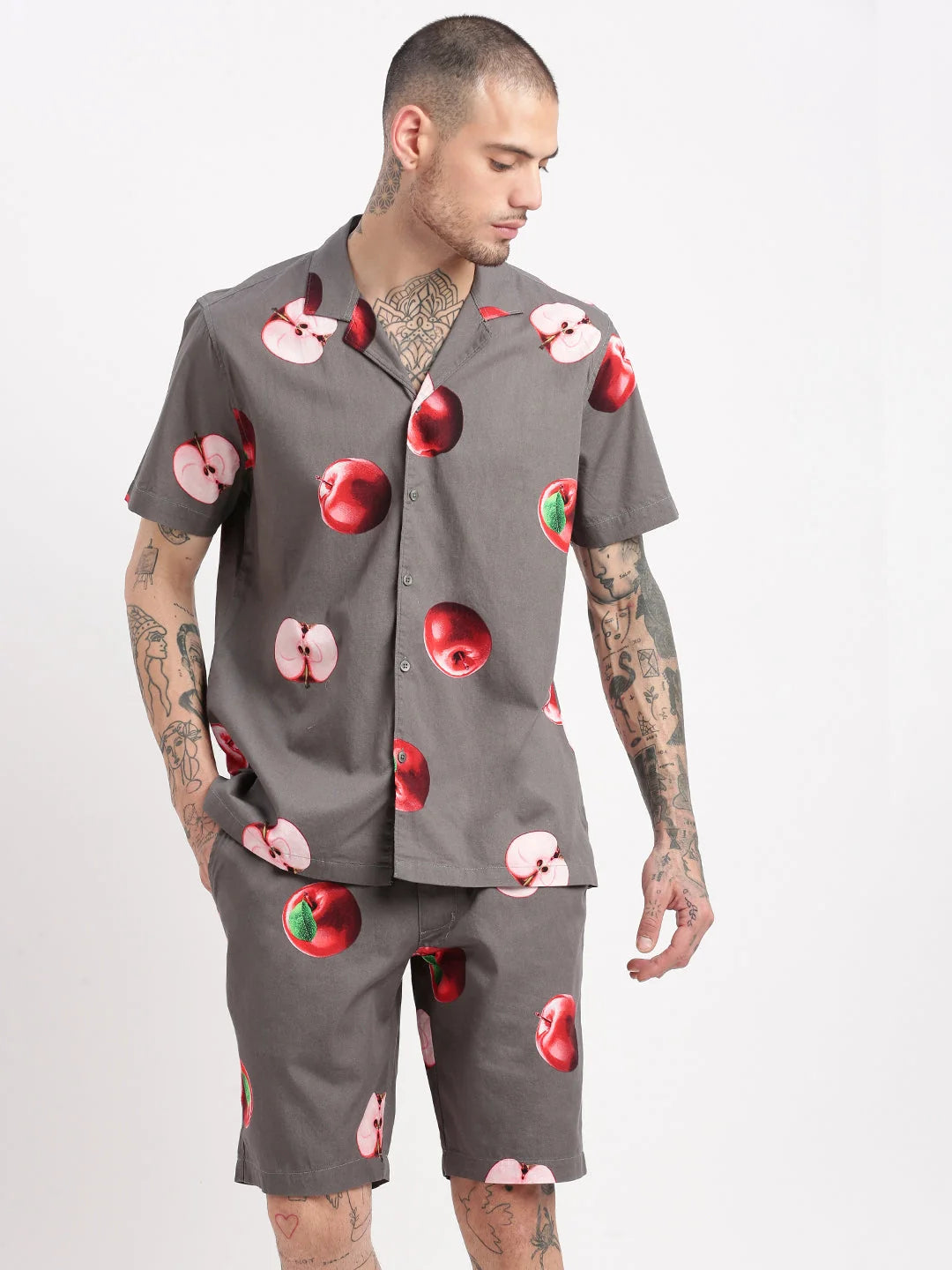 Men's Graphic Grey Co-ord Set | Cuban Collar Two Piece Sets