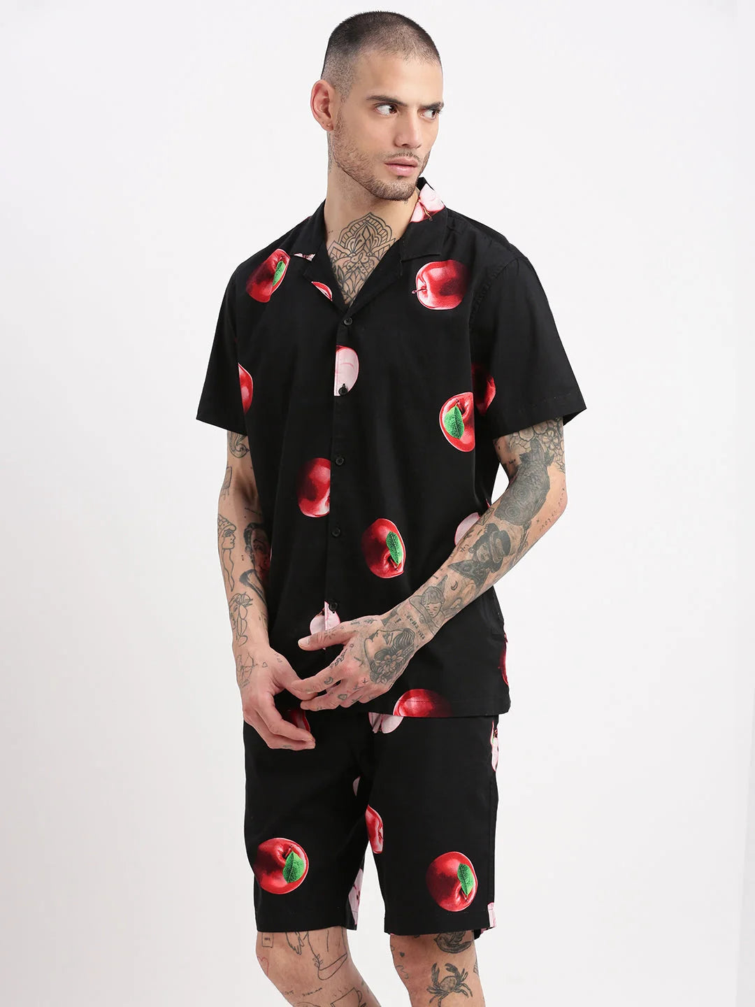 Men's Black Graphic Print Cuban Collar Co Ord Set | Showoff