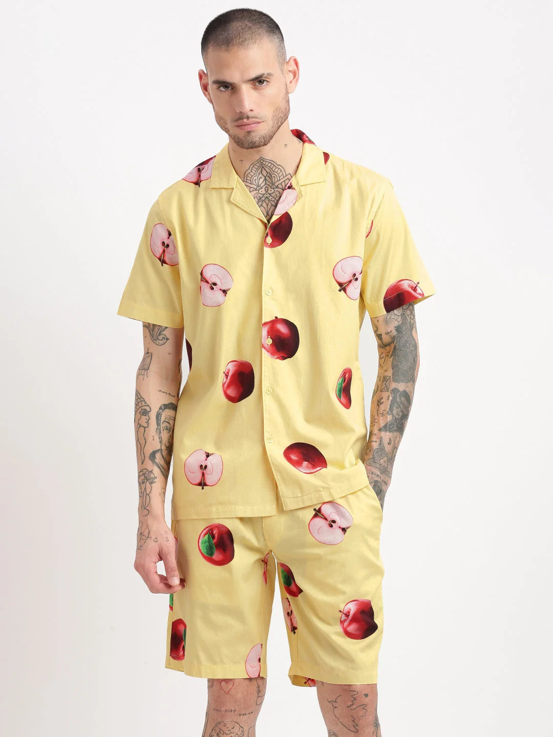 Men's Yellow Graphic Print Cuban Collar Co Ord Set | Showoff