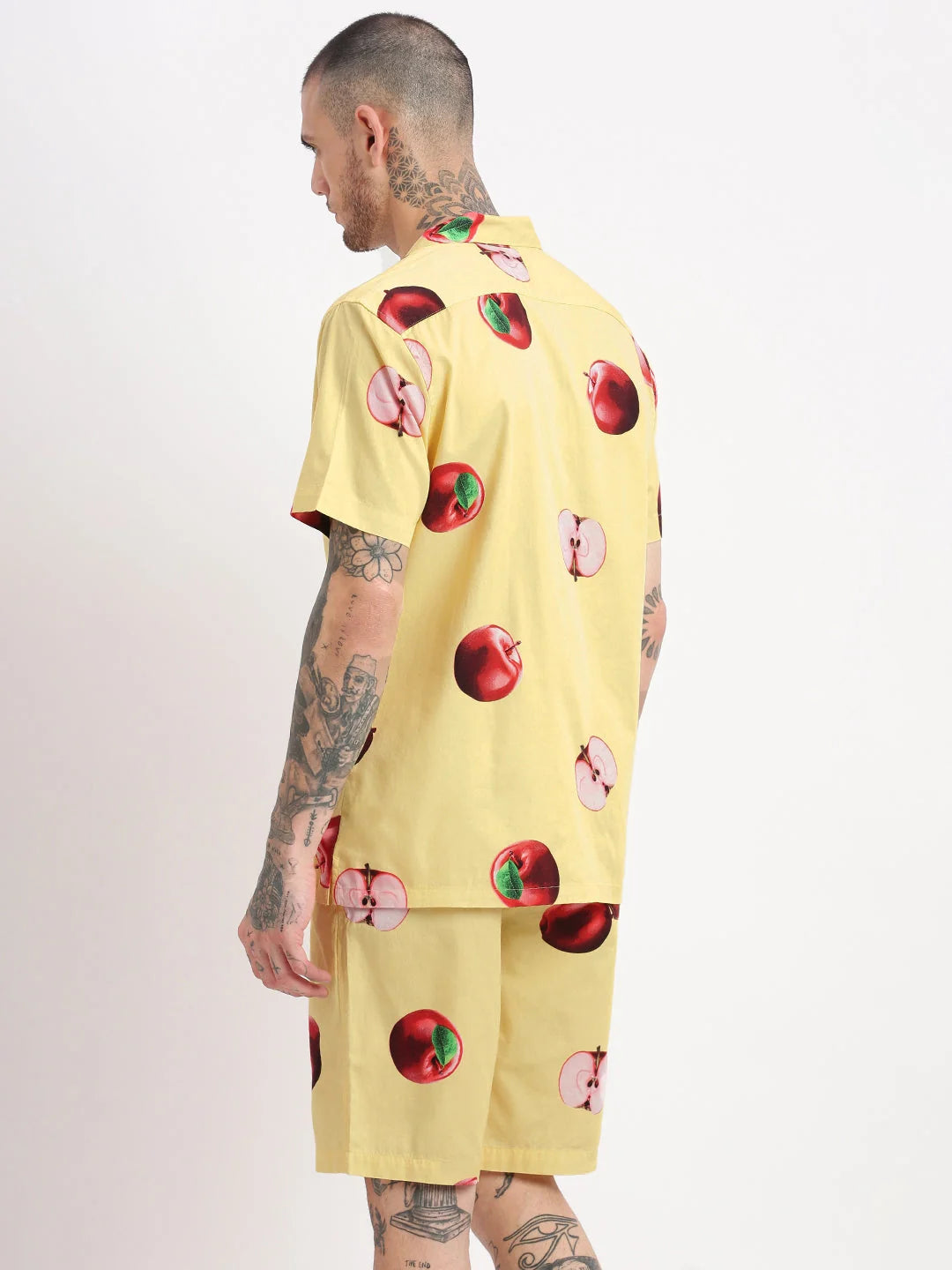 Men's Yellow Graphic Print Cuban Collar Co Ord Set | Showoff