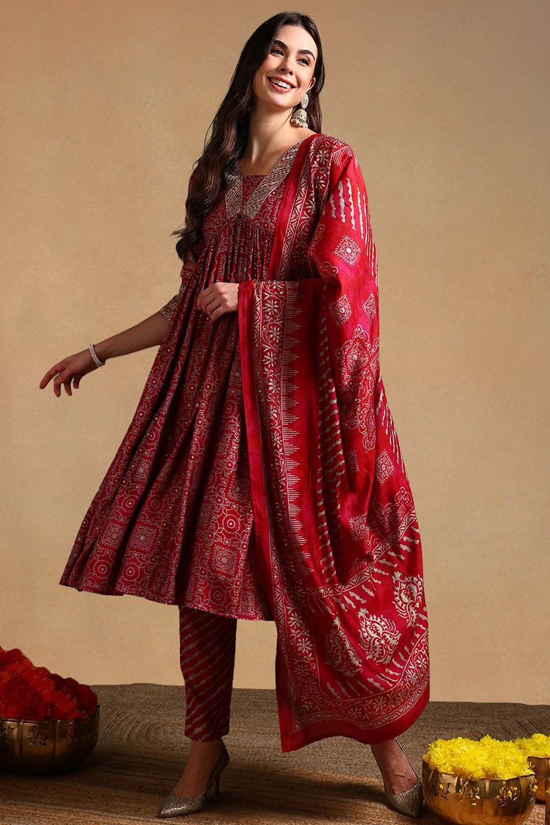 DesiQlo Women Silk Blend Indian Ethnic Set - Maroon PKSKD2204
