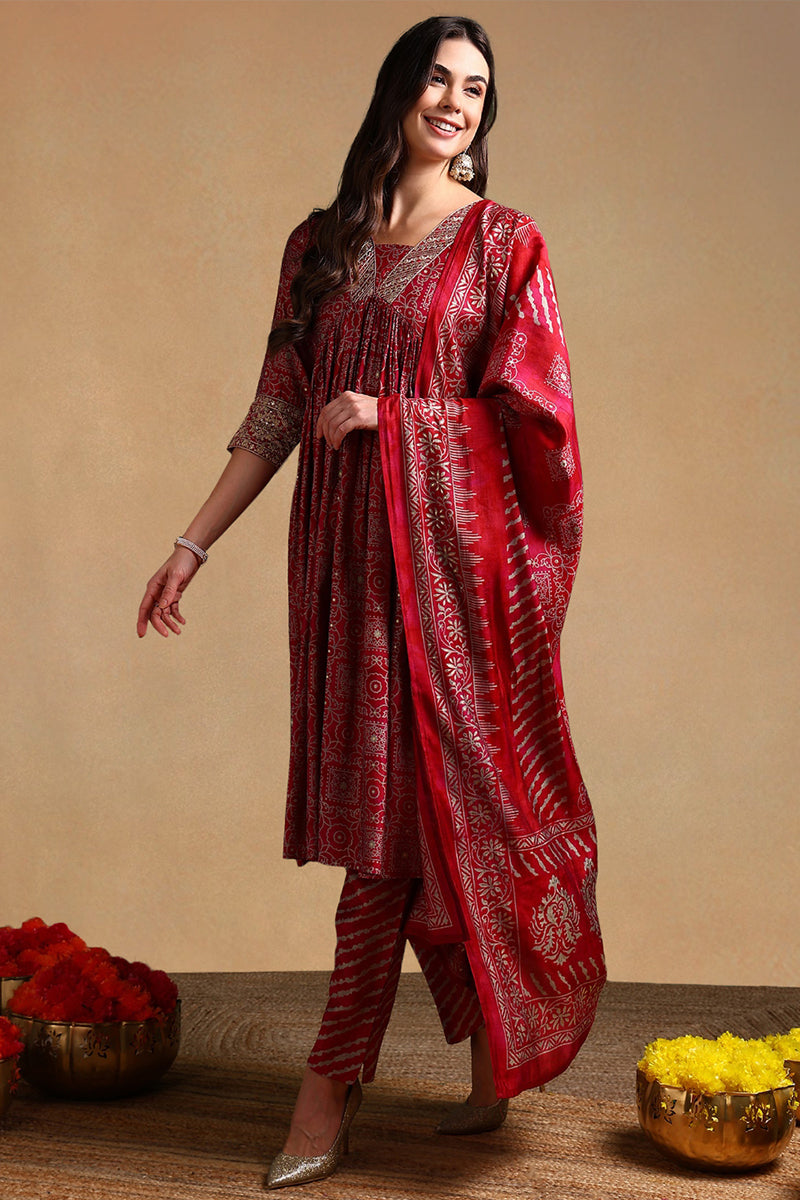DesiQlo Women Silk Blend Indian Ethnic Set - Maroon PKSKD2204