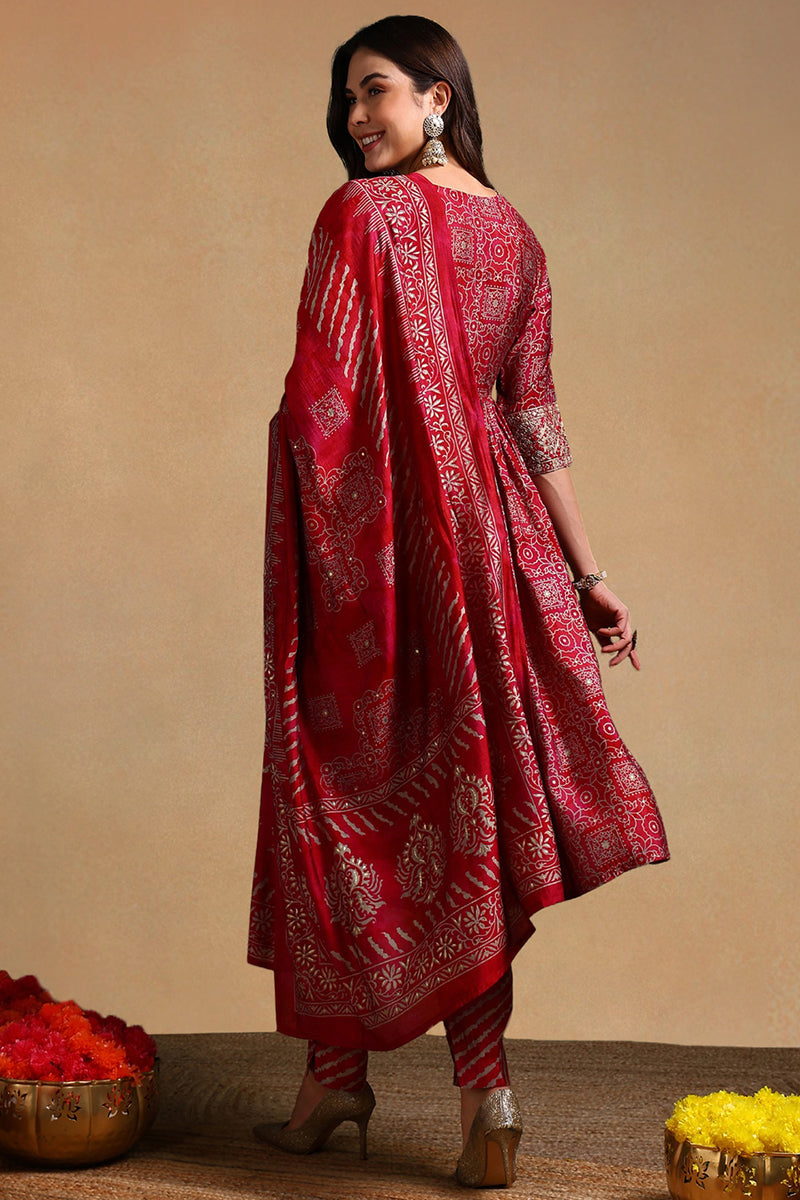 DesiQlo Women Silk Blend Indian Ethnic Set - Maroon PKSKD2204