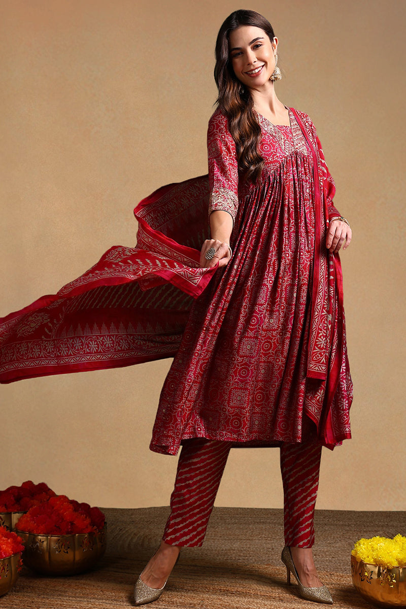 DesiQlo Women Silk Blend Indian Ethnic Set - Maroon PKSKD2204