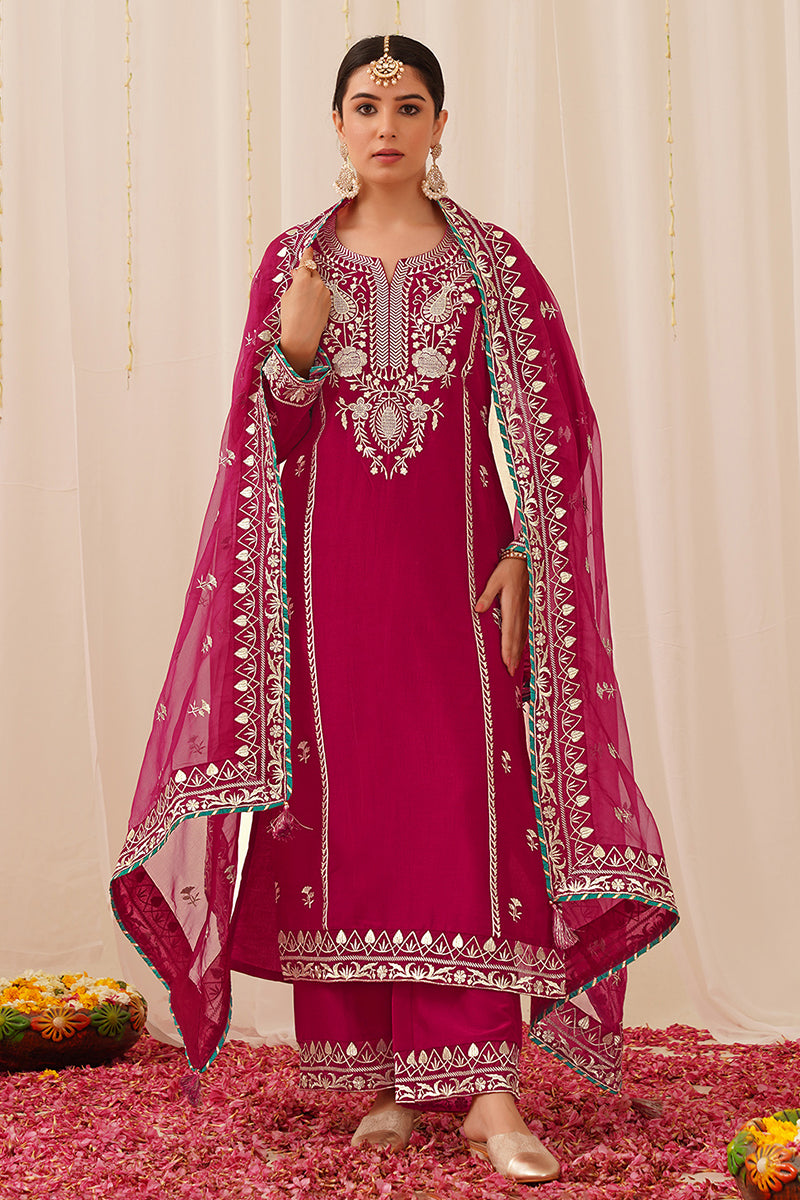 Pink Silk Blend Embroidered Solid Yoke Design Straight Palazzo Suit Se