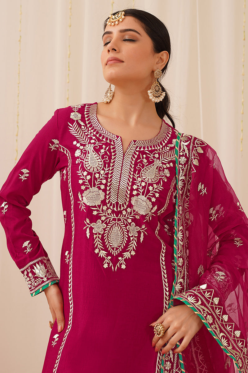 Pink Silk Blend Embroidered Solid Yoke Design Straight Palazzo Suit Se