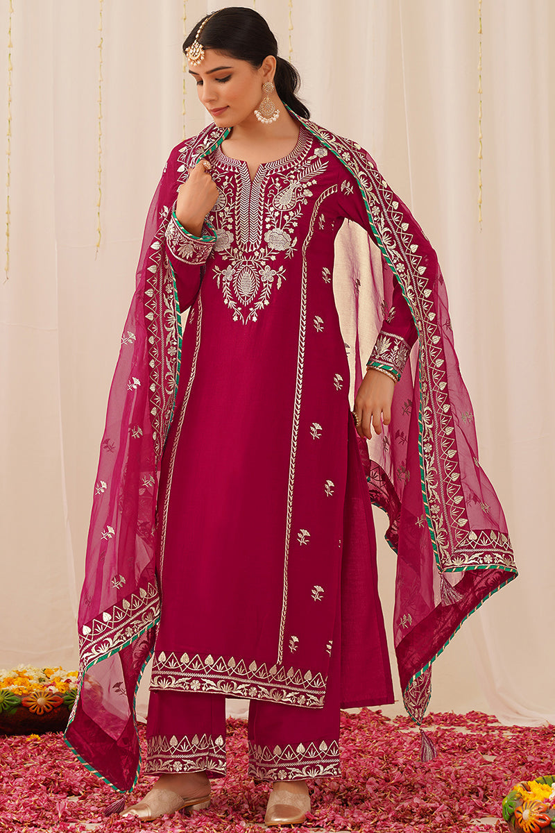 Pink Silk Blend Embroidered Solid Yoke Design Straight Palazzo Suit Se