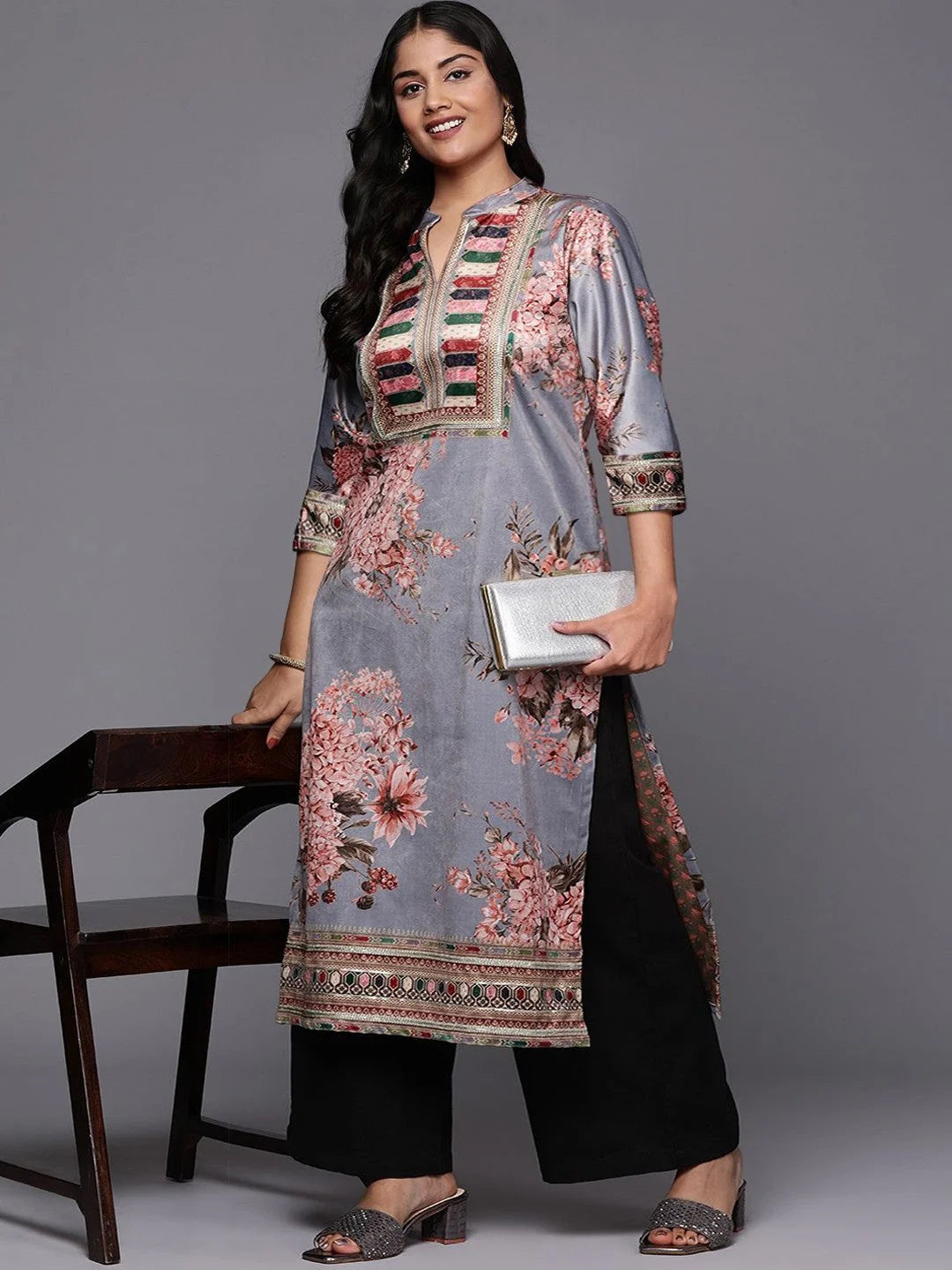 Floral Velvet Indian Kurta for Women: Gotta Patti Details