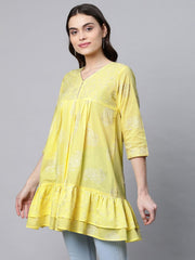 Yellow Cotton Printed Tunic-AHTUCORG-8066