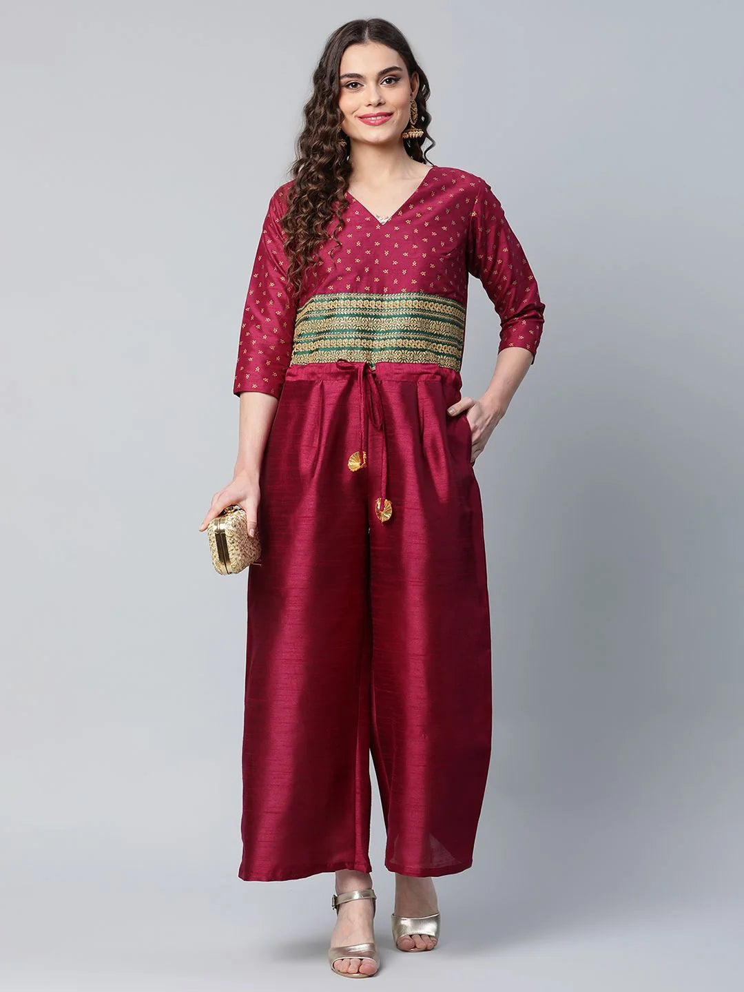 Burgundy Printed Jumpsuit: Women's Trendy One-Piece Outfit