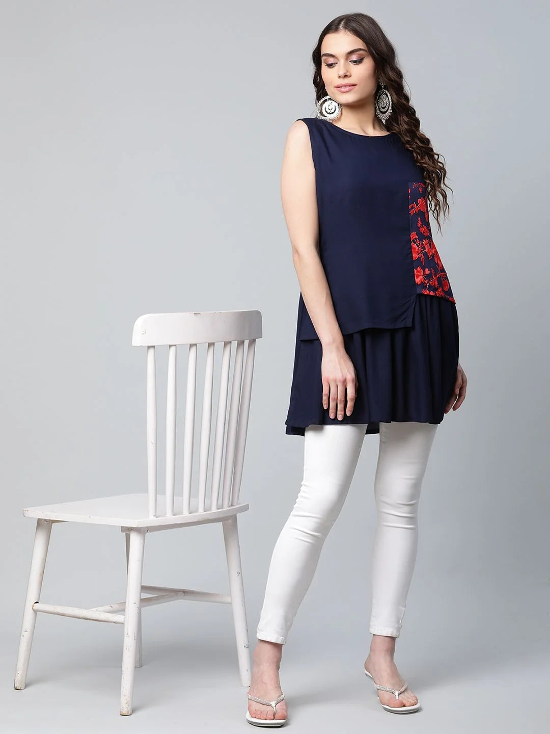 Navy Blue Printed Tunic Top - Women's Indian Kurta Online
