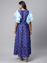 Royal Blue Poly Silk Gold Paste Printed Dress-AHDRPSGP-931-FF
