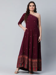 Burgundy & Gold-Toned Printed One Shoulder Ethnic Maxi Dress-AHKUCRGP-907-FF