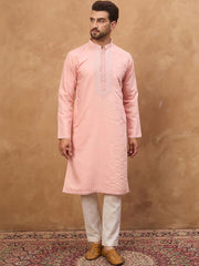 Ethnic Bay Men Peach Silk Blend Solid Solid Straight Kurta With Pant Set-MKSET1506