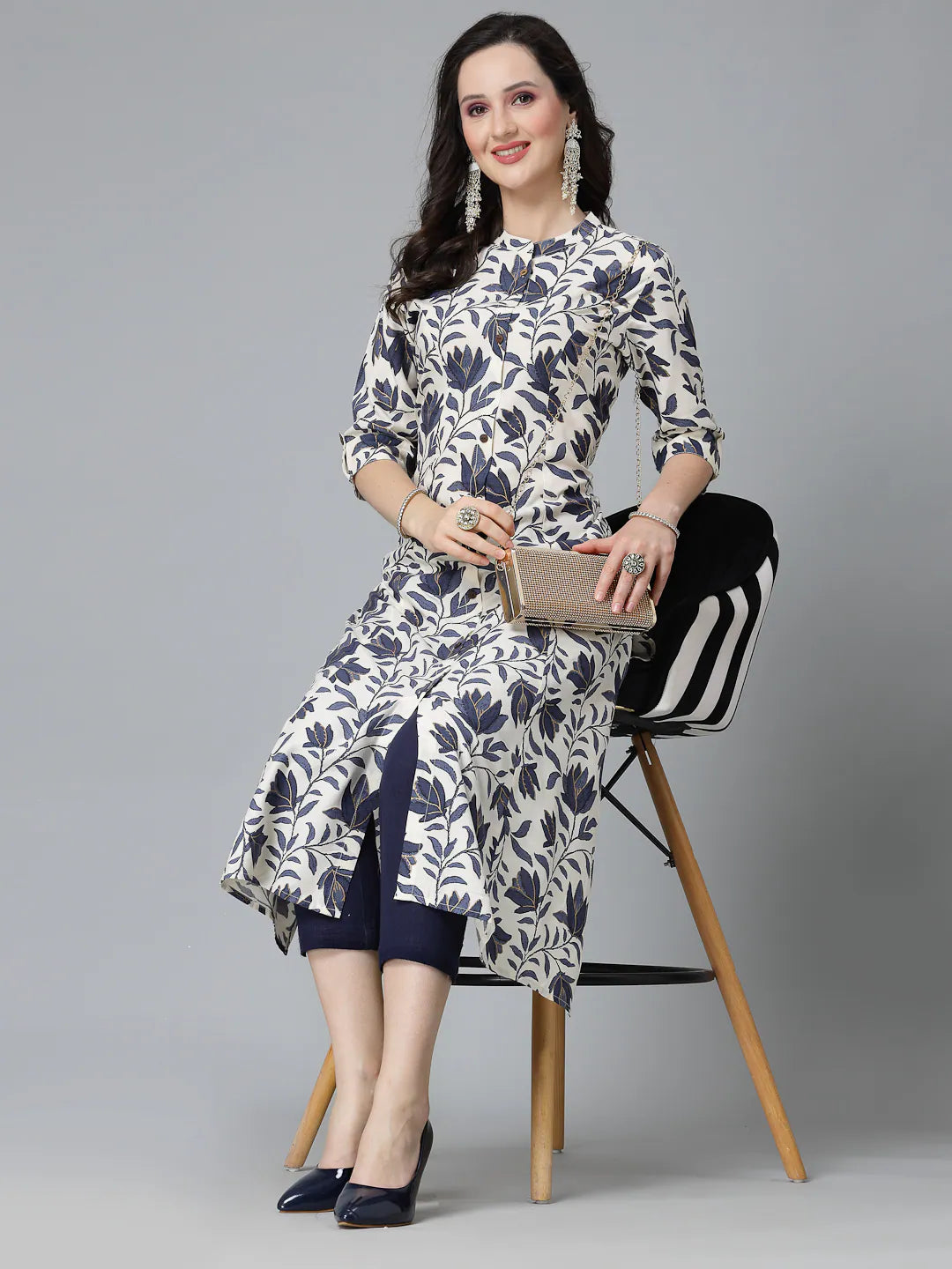 Women's Blue Floral Print Rayon A-Line Indian Kurta