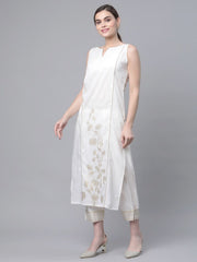 Women Off White Pure Cotton Printed Kurta with Trousers-AHKUPN-COMBO-474