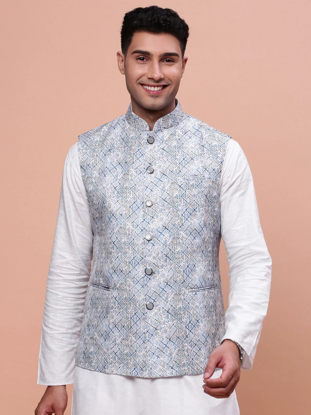 Blue Embellished Slim Fit Nehru Jacket | Mens Kurta Pajama
