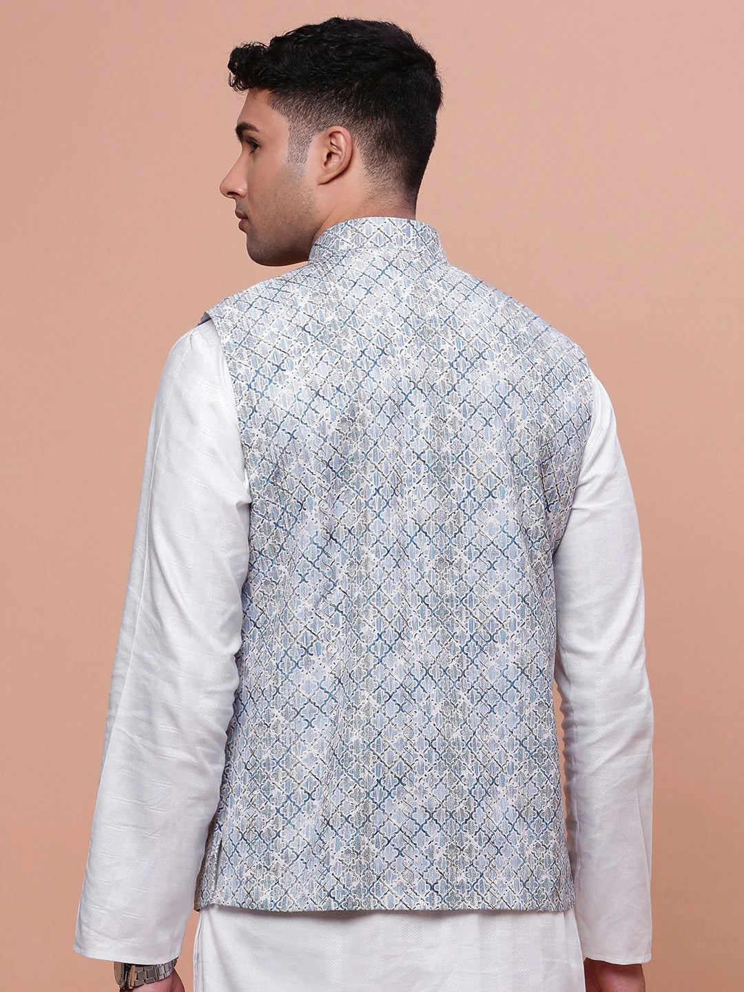 Blue Embellished Slim Fit Nehru Jacket | Mens Kurta Pajama