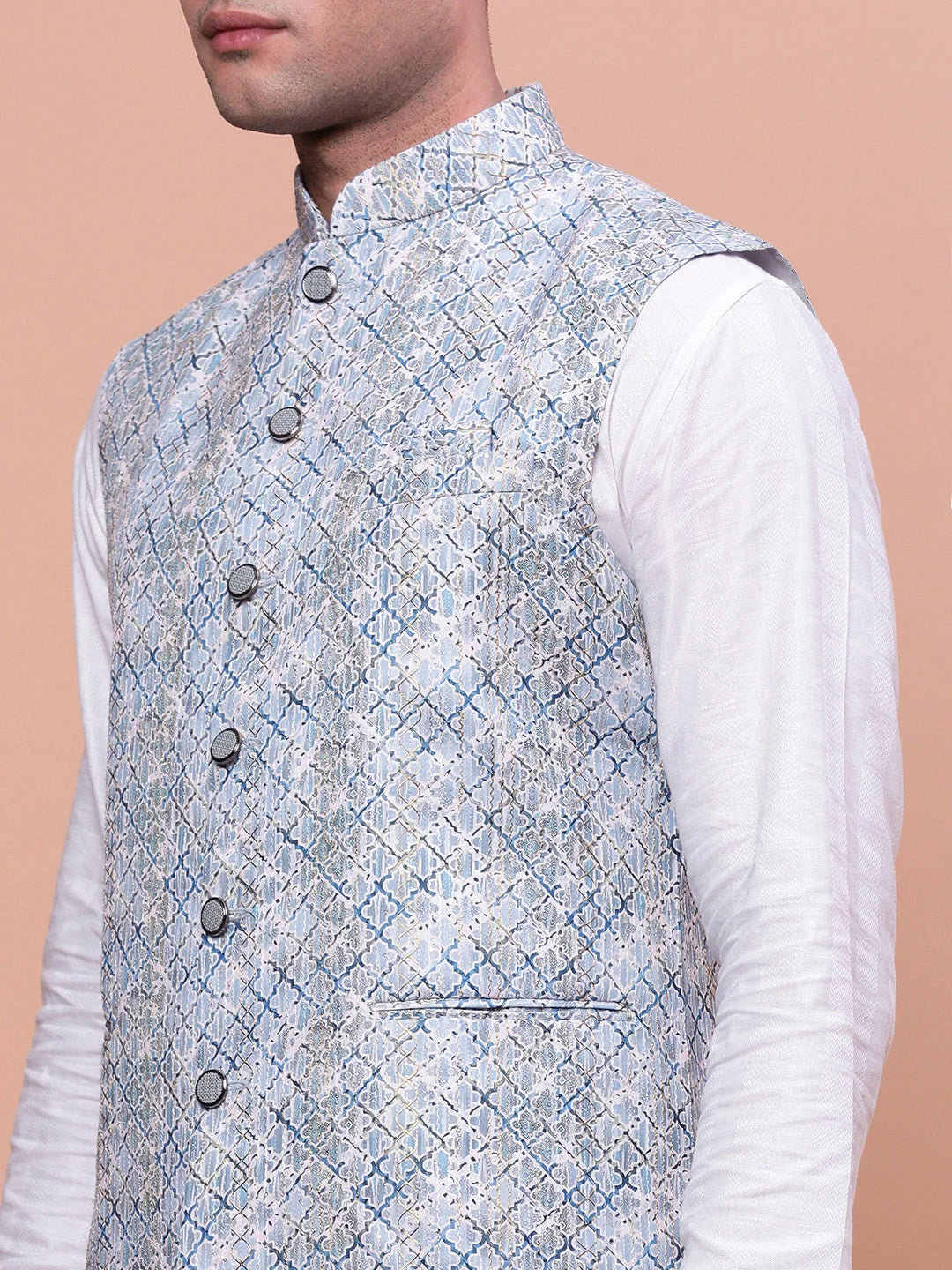 Blue Embellished Slim Fit Nehru Jacket | Mens Kurta Pajama