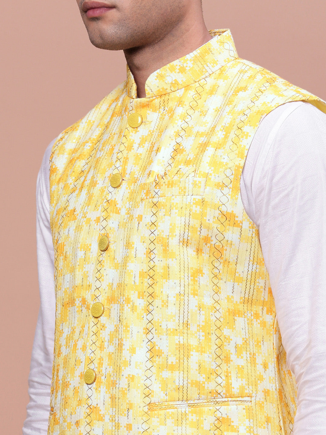 Yellow Embellished Nehru Jacket | Trendy Mens Kurta Pajama Set