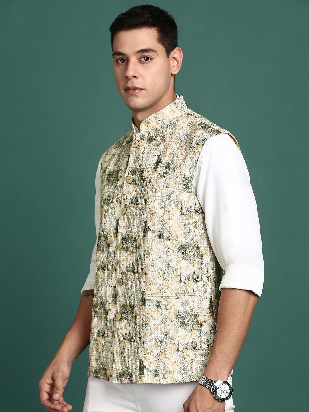 Cream Embroidered Mens Kurta Pajama Nehru Jacket | Showoff