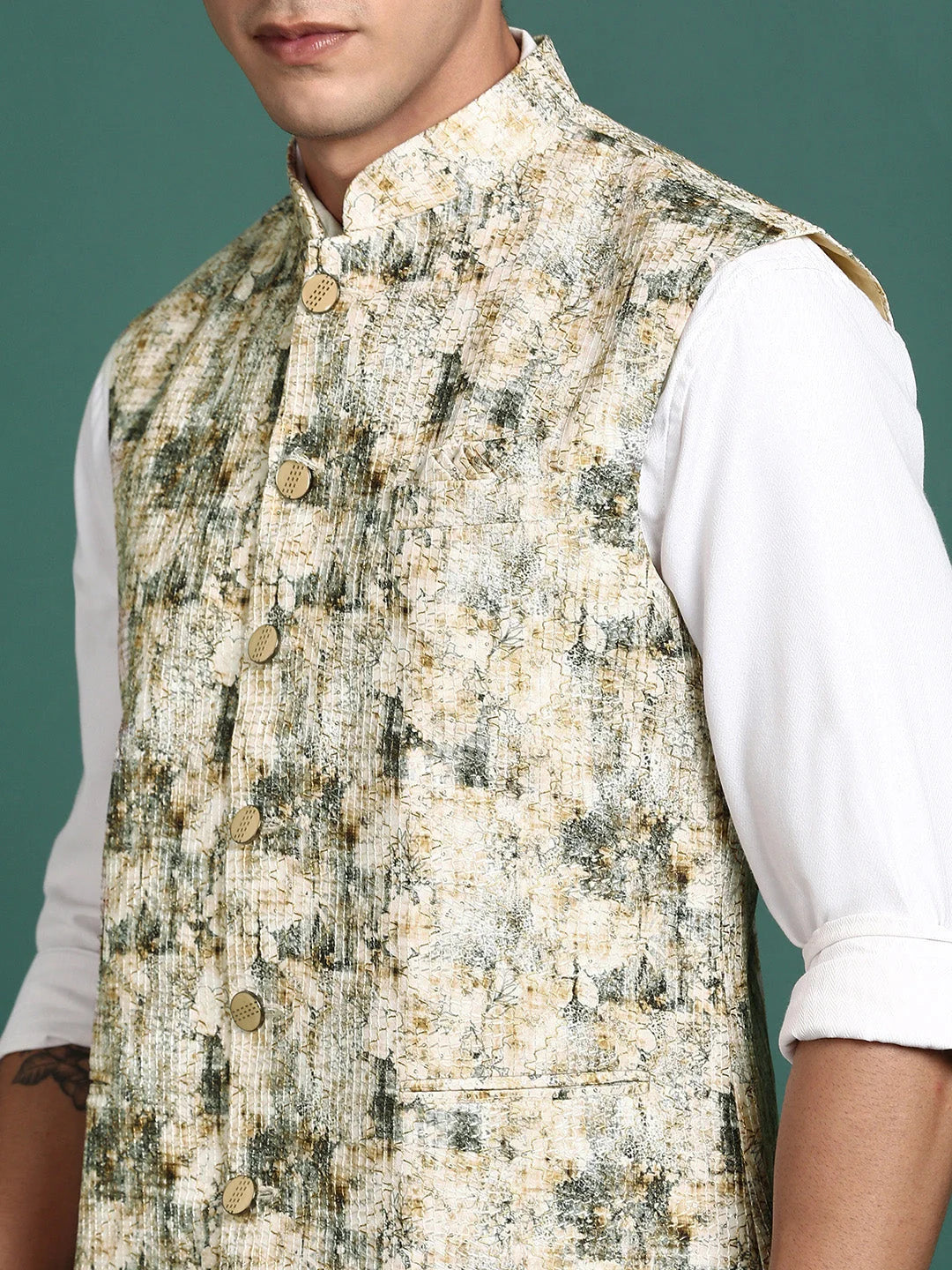Cream Embroidered Mens Kurta Pajama Nehru Jacket | Showoff