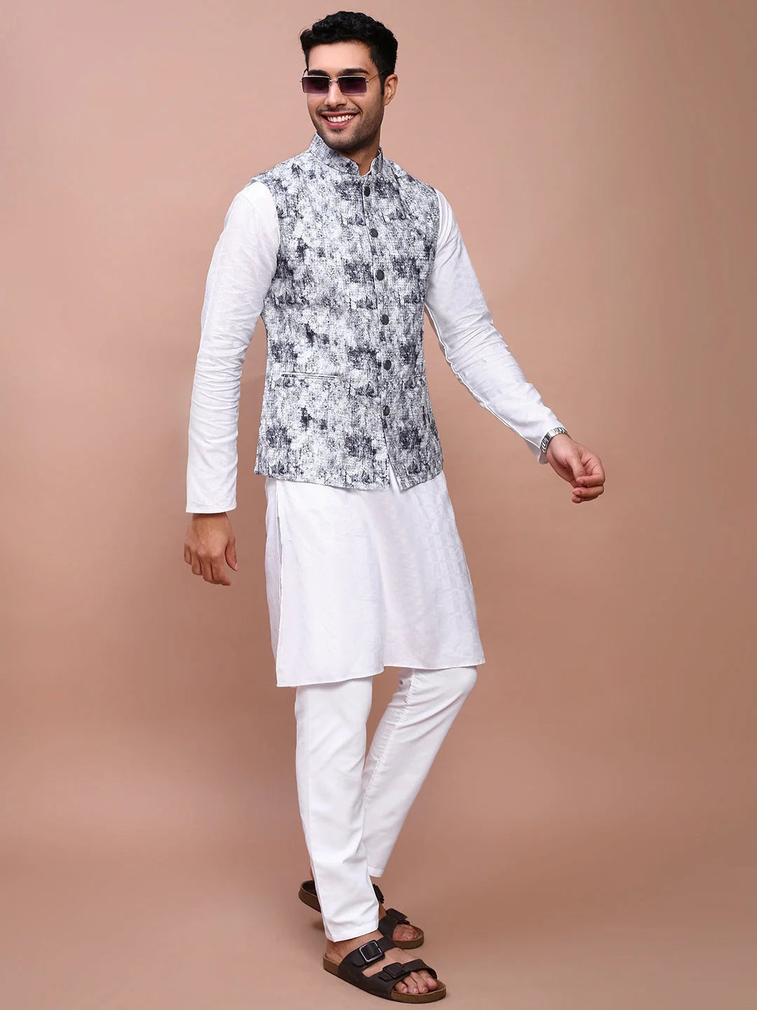 Grey Embroidered Mens Nehru Jacket | Kurta Pajama - Showoff