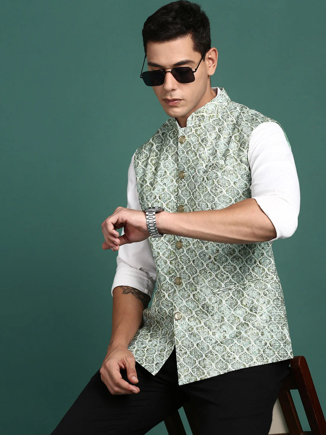 Green Embroidered Nehru Jacket for Men | Kurta Pajama Style