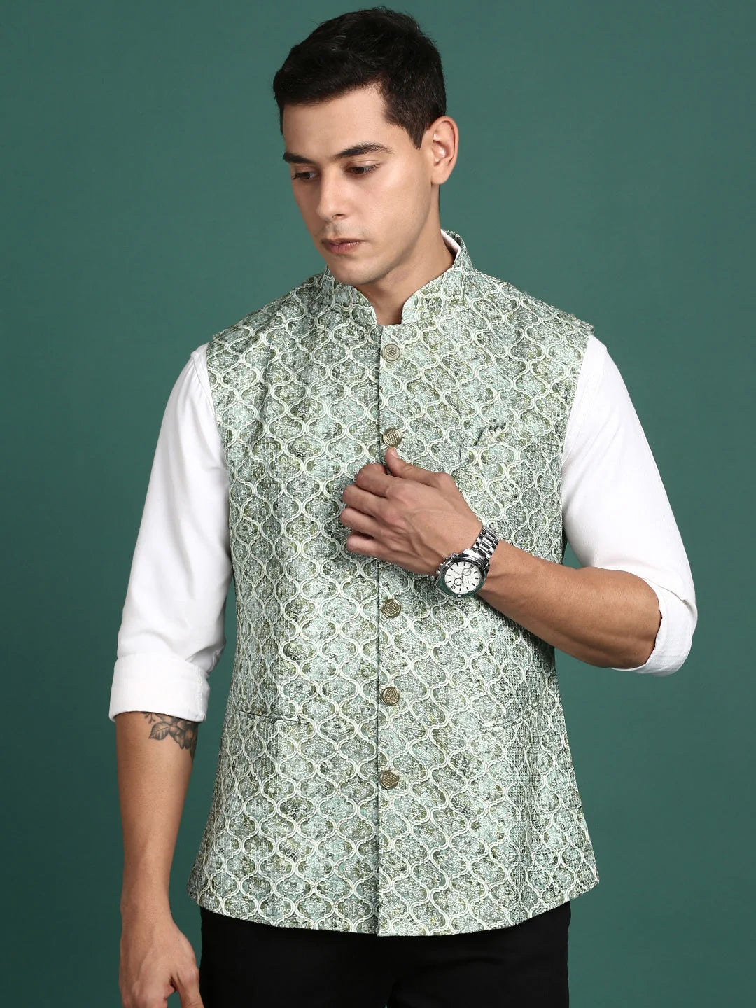 Green Embroidered Nehru Jacket for Men | Kurta Pajama Style