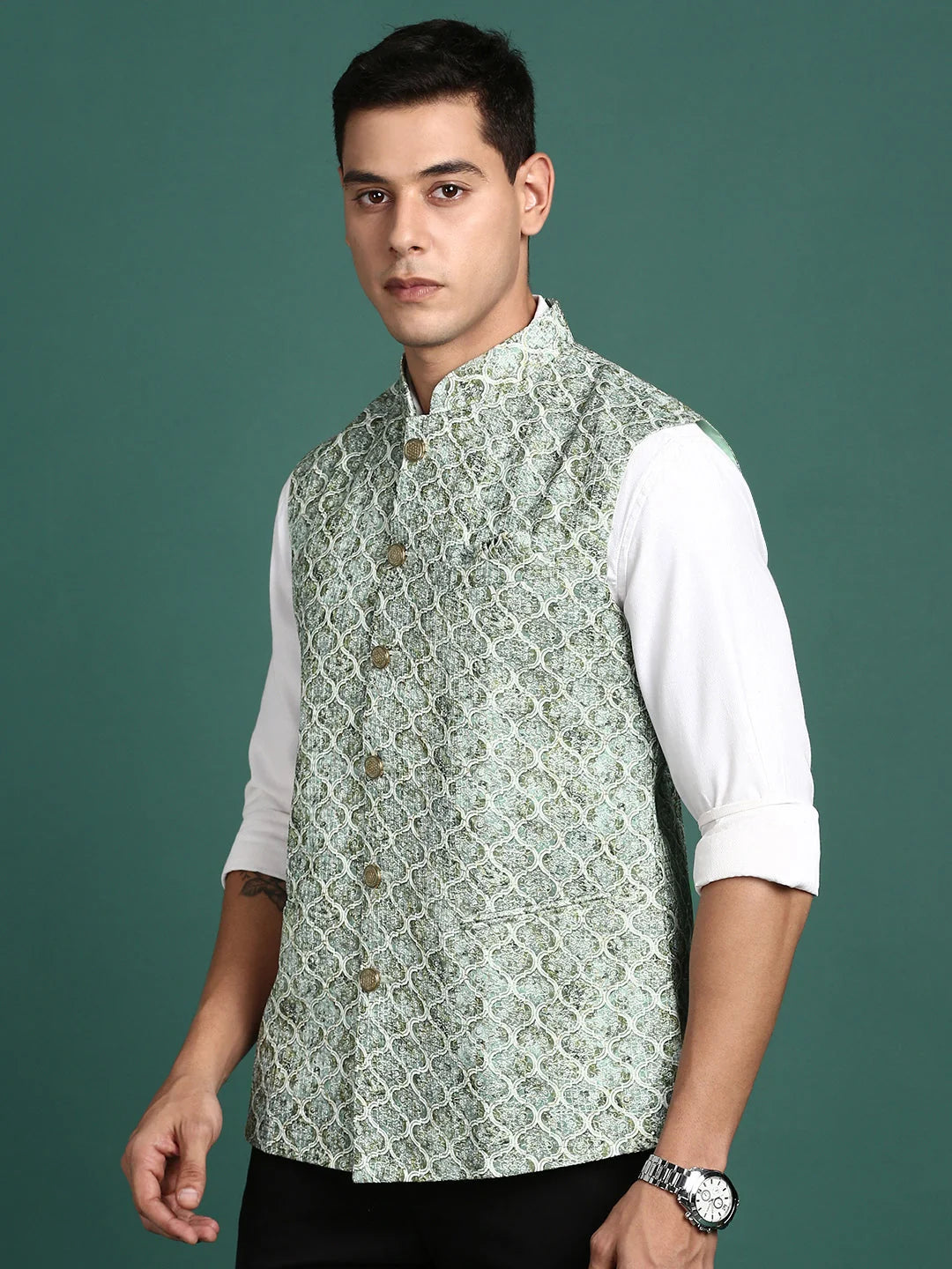 Green Embroidered Nehru Jacket for Men | Kurta Pajama Style
