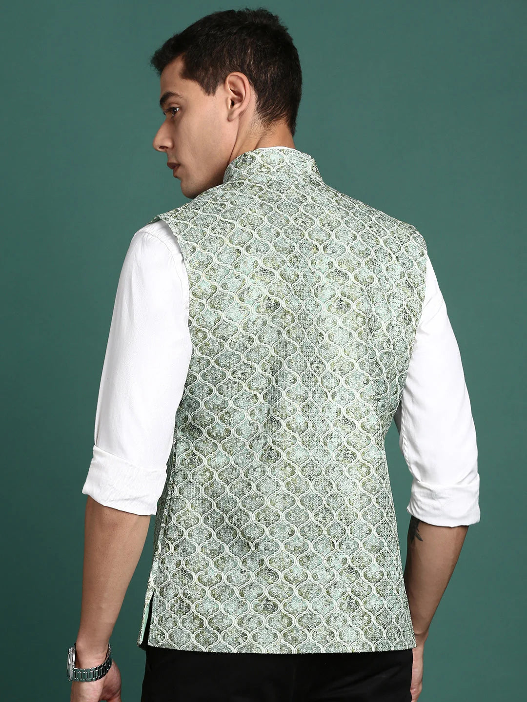 Green Embroidered Nehru Jacket for Men | Kurta Pajama Style