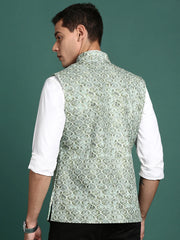 Men Embroidered Green Slim Fit Nehru Jacket-GE-4105-2-Green