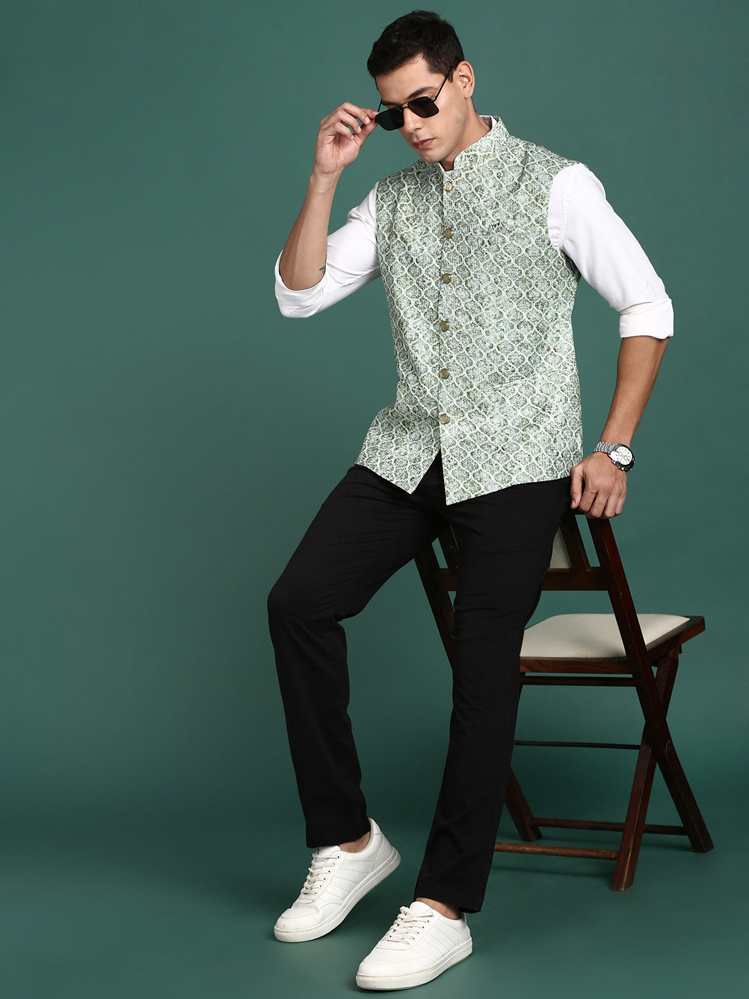 Green Embroidered Nehru Jacket for Men | Kurta Pajama Style