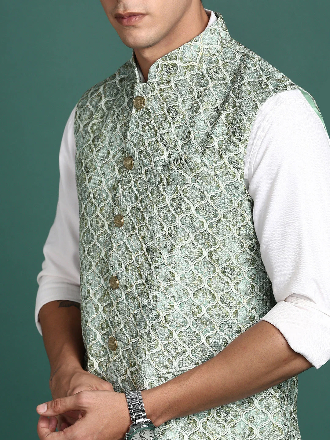 Green Embroidered Nehru Jacket for Men | Kurta Pajama Style