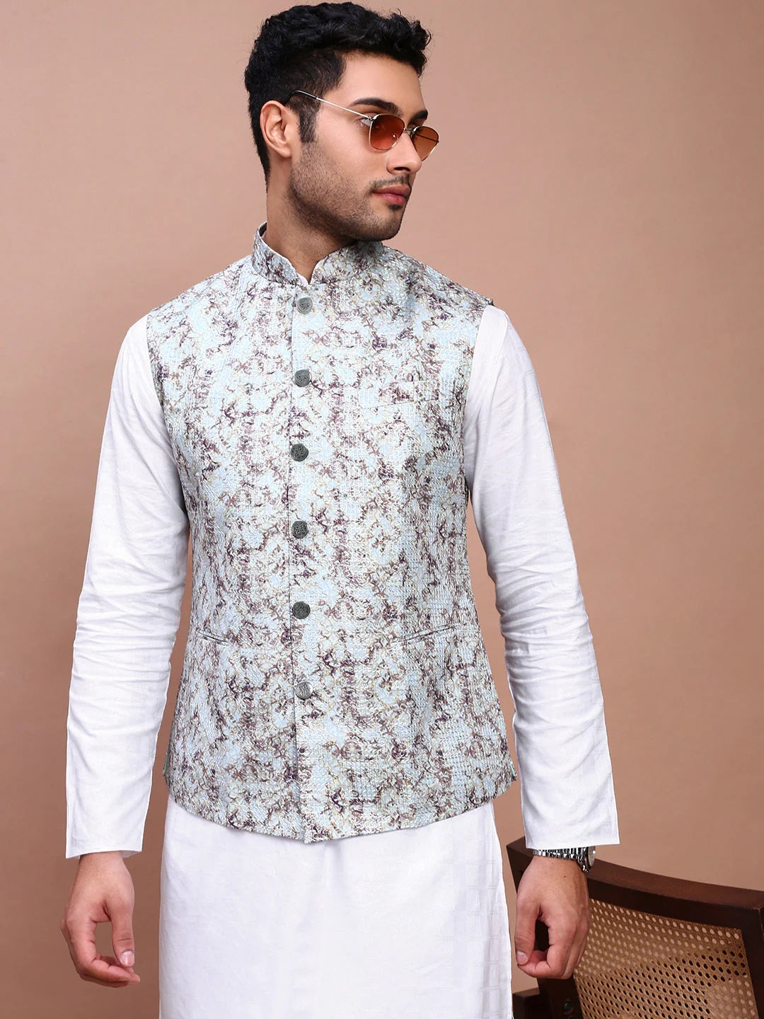Embroidered Sea Green Nehru Jacket | Mens Kurta Pajama Set