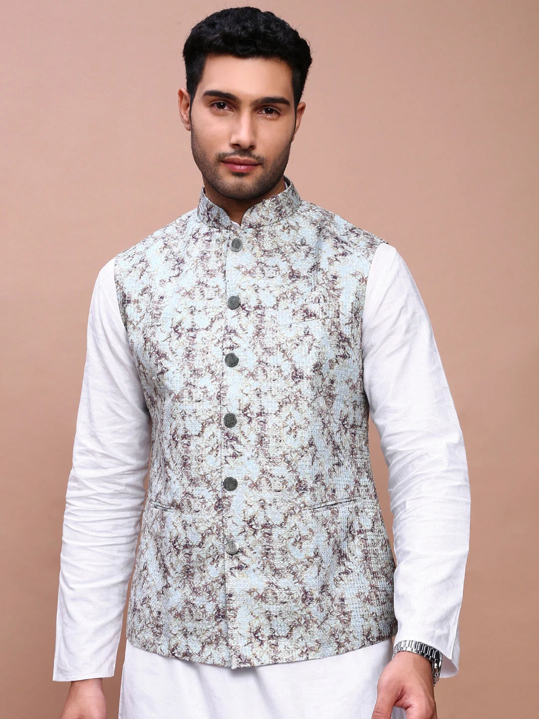 Embroidered Sea Green Nehru Jacket | Mens Kurta Pajama Set