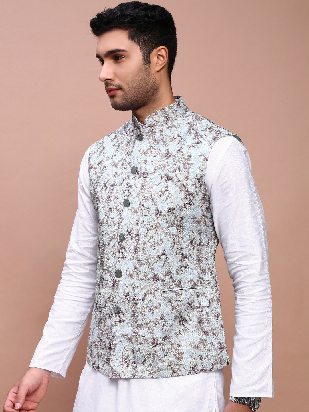 Embroidered Sea Green Nehru Jacket | Mens Kurta Pajama Set
