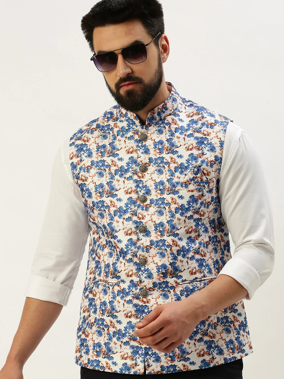 Blue Printed Nehru Jacket - Mens Kurta Pajama Set | Showoff