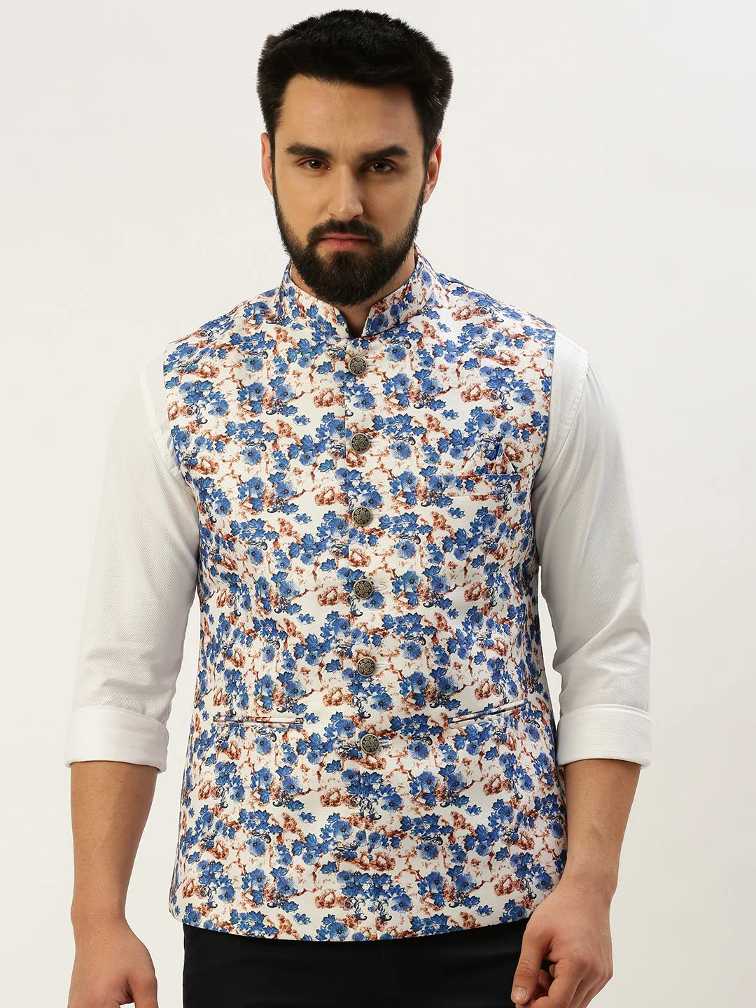 Blue Printed Nehru Jacket - Mens Kurta Pajama Set | Showoff