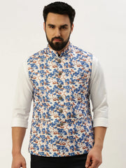 Men Mandarin Collar Printed Blue Nehru Jacket-GEW-PR-301-Blue