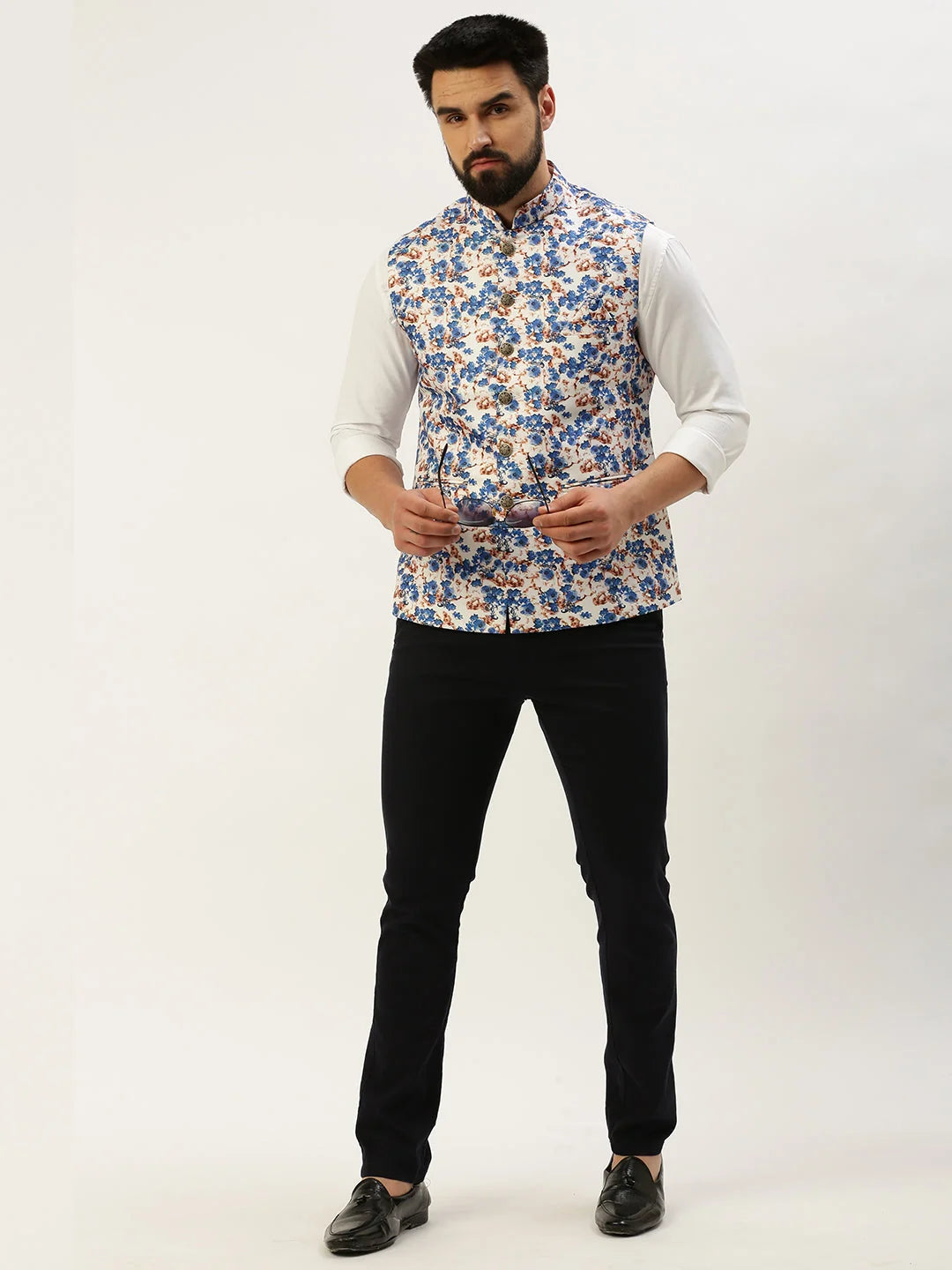 Blue Printed Nehru Jacket - Mens Kurta Pajama Set | Showoff