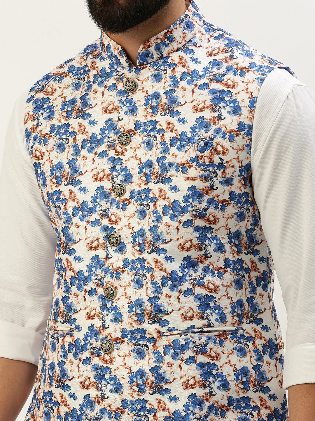 Blue Printed Nehru Jacket - Mens Kurta Pajama Set | Showoff
