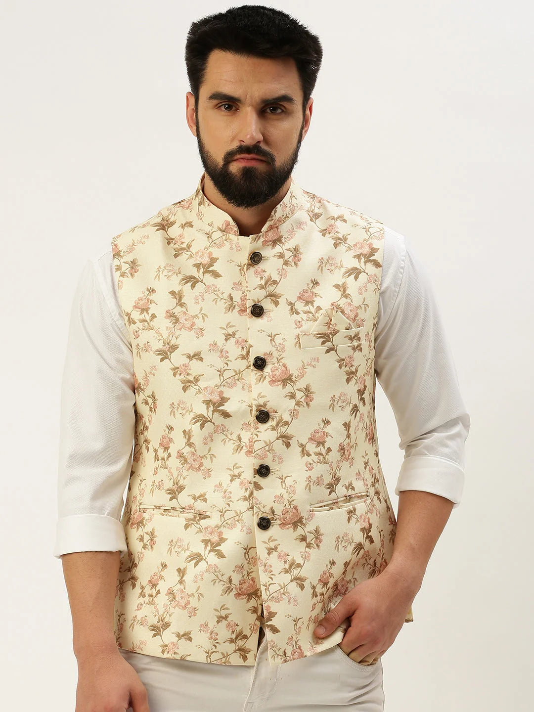 Cream Printed Nehru Jacket - Mens Kurta Pajama Set by Showoff