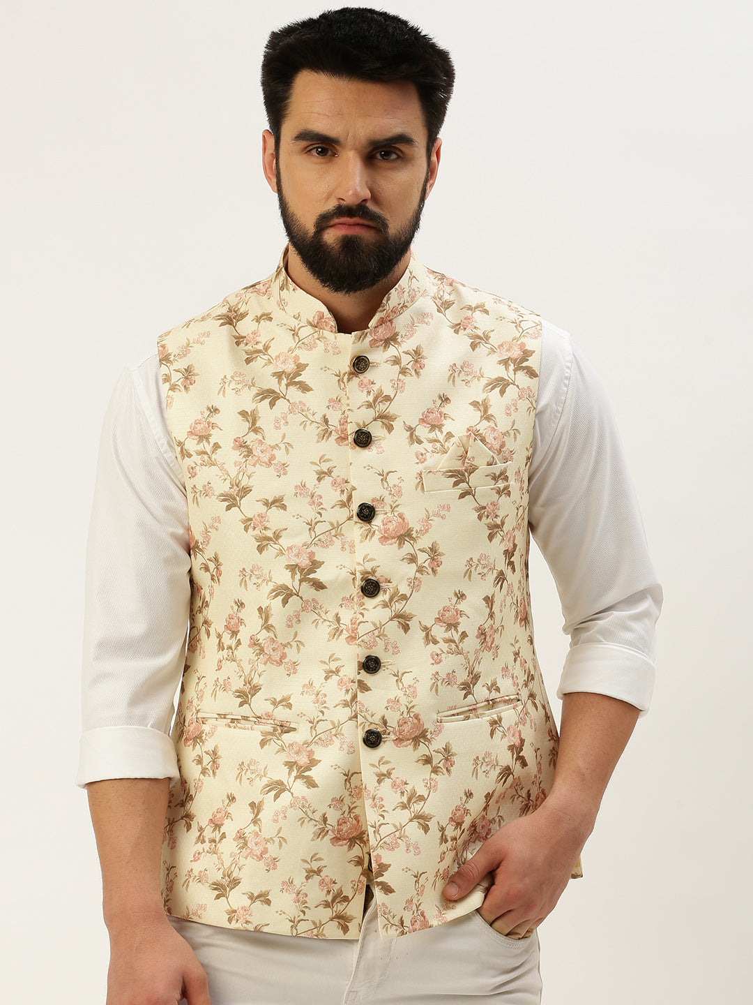 Cream Printed Nehru Jacket - Mens Kurta Pajama Set by Showoff