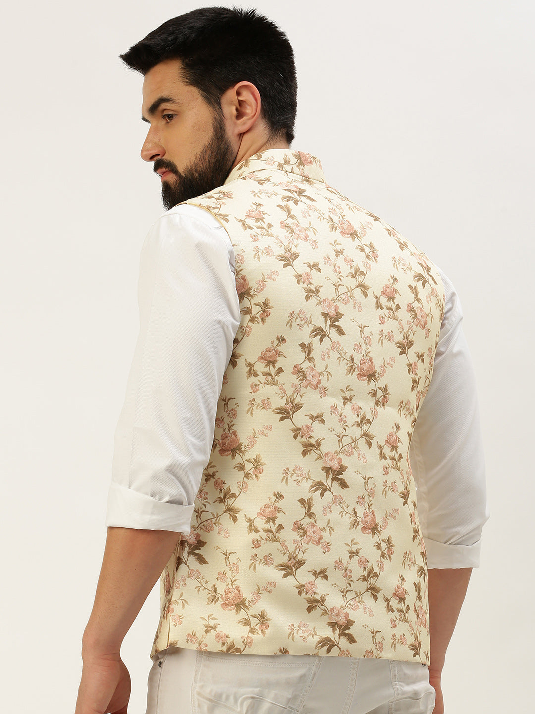 Cream Printed Nehru Jacket - Mens Kurta Pajama Set by Showoff