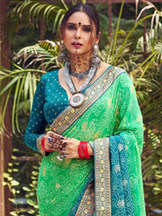Women's Georgette Sea Green Embellished Designer Saree With Blouse Piece-GHOOMAR1004